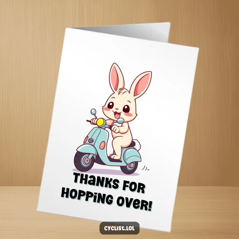 Funny Free Printable Thank You Card: Cheerful rabbit on a scooter, grinning widely to express thanks.