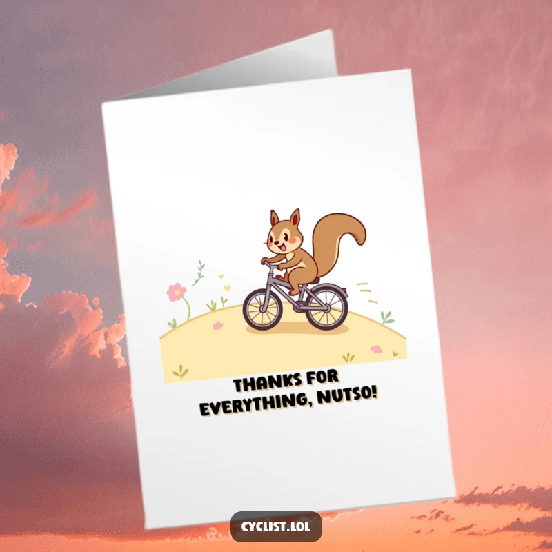 Funny Free Printable Thank You Card: A happy squirrel speeds downhill on a tiny bicycle, a fun print-at-home thank you note.