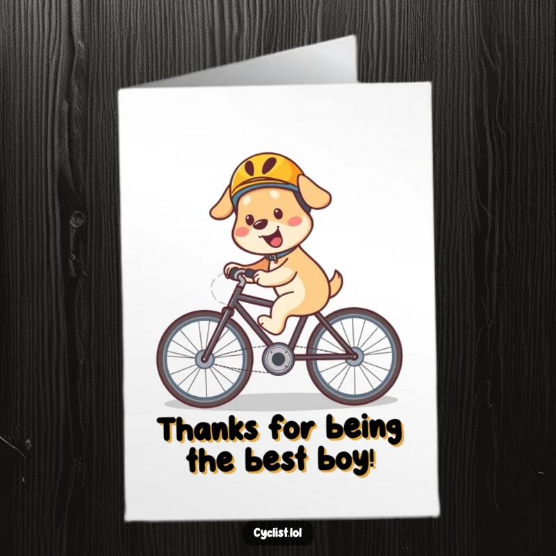 Funny free printable thank you card featuring a happy dog in a helmet speeding downhill on a bicycle.