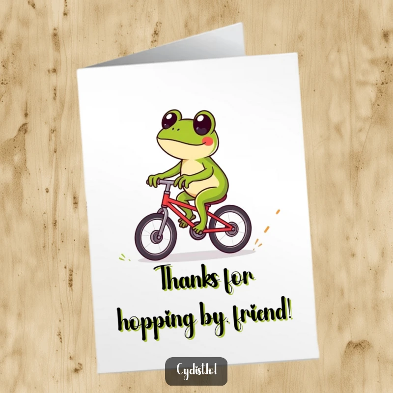 Funny free printable thank you card featuring a playful frog expertly navigating tiny obstacles on a bicycle.