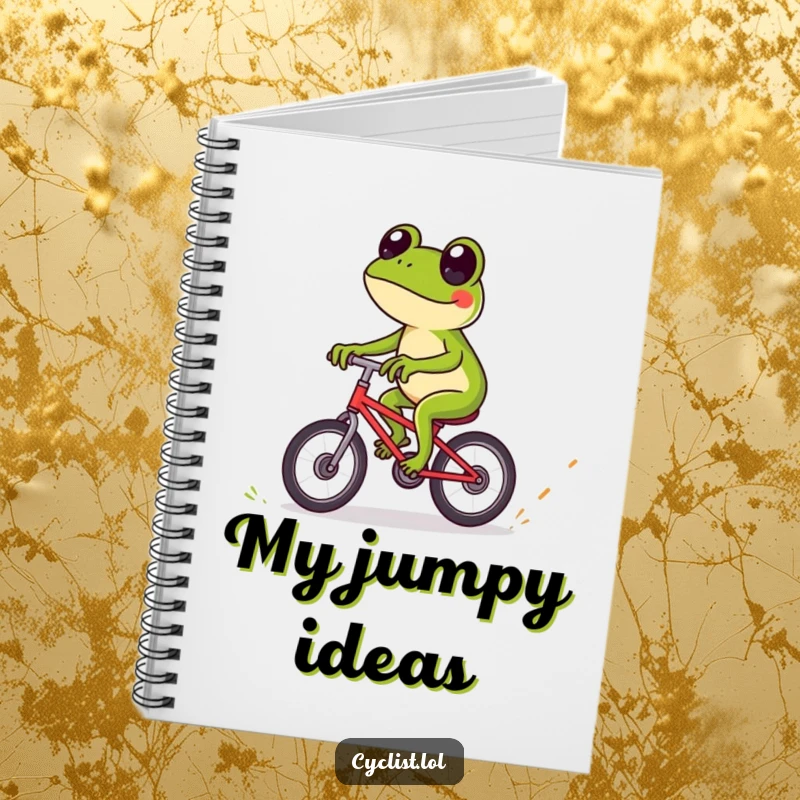 Funny frog bicycle notebook with a playful frog expertly navigating over tiny obstacles, ideal for jotting down notes with amphibian flair.