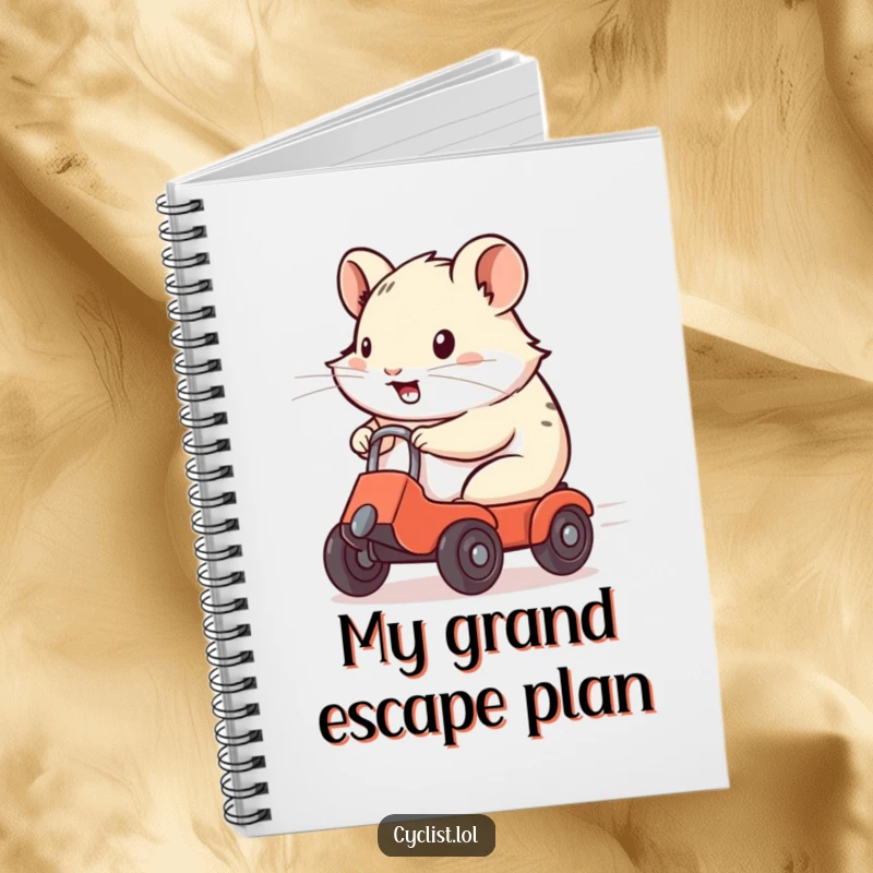 Funny Notebook with a determined hamster zooming on a miniature vehicle, inspiring quick thinking and creative notes.