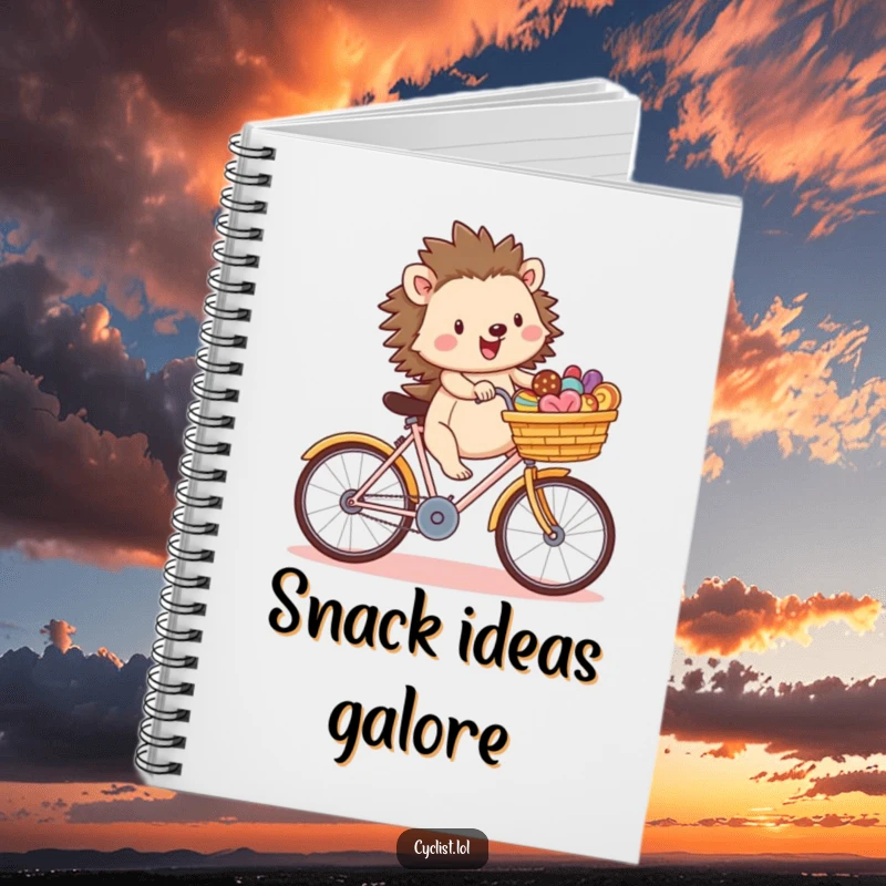 Funny hedgehog character riding a bicycle with a basket full of treats, depicted on the cover of a notebook, ideal for sweet notes.