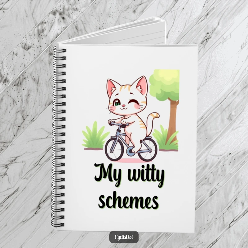 Funny cat character with a mischievous smirk, riding a bicycle and looking back, depicted on the cover of a notebook, ideal for witty notes.