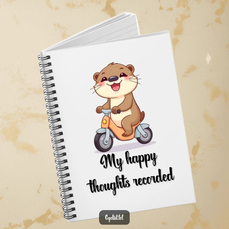 Funny notebook cover featuring a curious otter joyfully riding a miniature tricycle, inspiring whimsical note-taking.