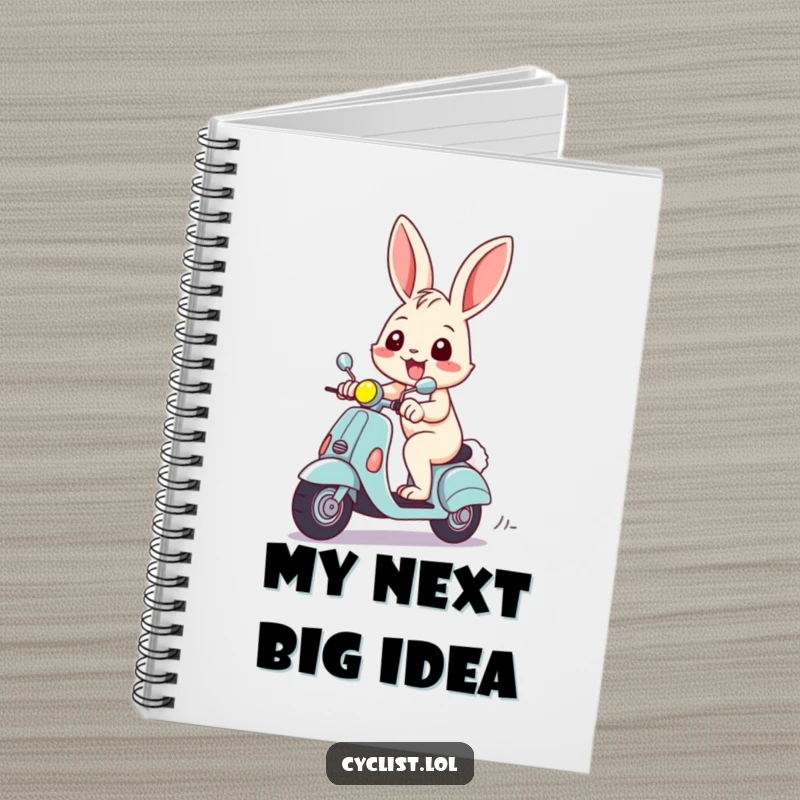 Funny notebook cover featuring a cheerful rabbit with a wide grin, riding a scooter, inspiring notes and humorous doodles.