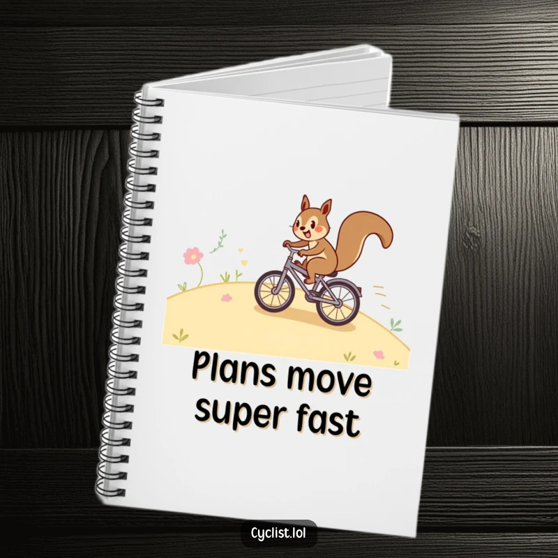 Funny squirrel bicycle notebook featuring a happy squirrel speeding down a hill on a tiny bike, ideal for jotting down humorous thoughts and adventure plans.