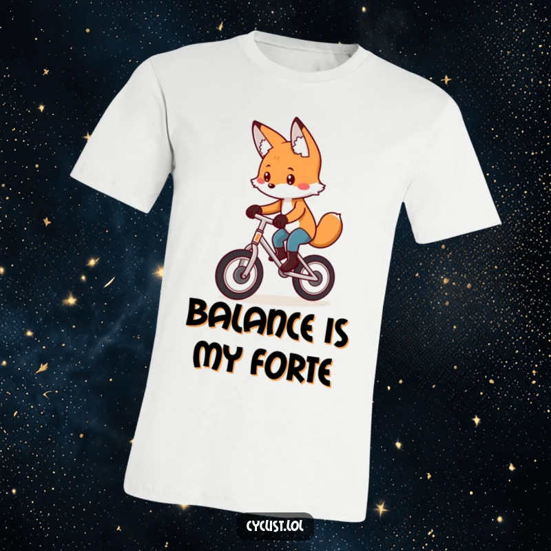 Funny t-shirt showcasing a playful fox with intense concentration, skillfully pedaling a unicycle, a great funny gift for performers.