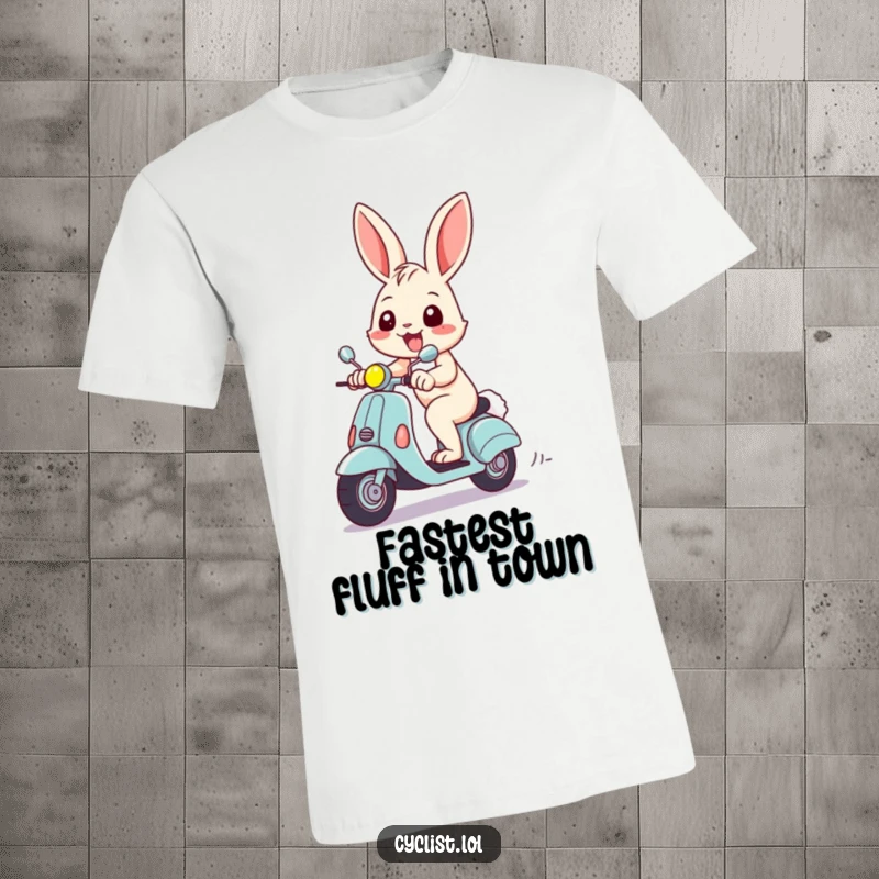 Funny t-shirt with a cheerful rabbit grinning wildly while speeding on a mini scooter, a unique funny gift for enthusiasts.