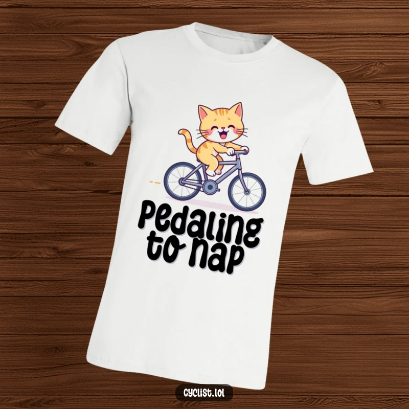 Funny cat t-shirt with a cheerful cat pedaling furiously on a tiny racing bicycle, capturing an image of intense focus and speed.