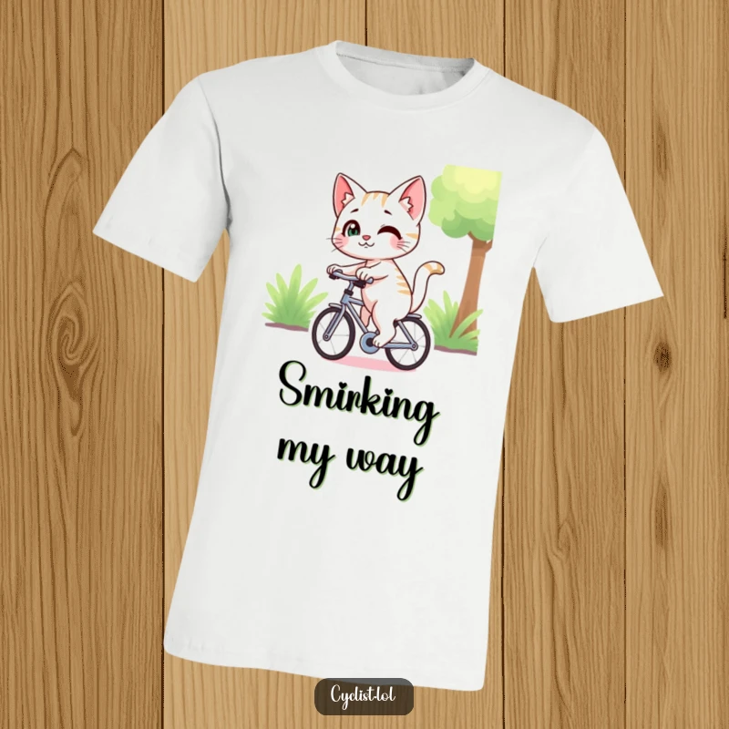 Funny curious cat with a playful smirk, cycling and looking back, printed on a soft t-shirt, ideal for humorous and stylish wear.