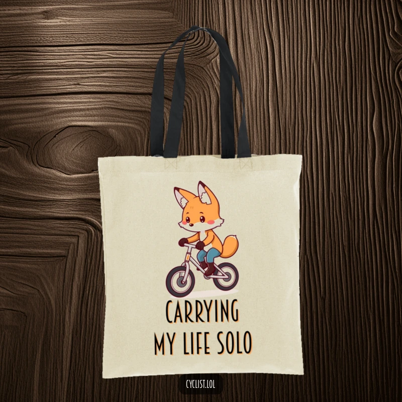 Funny tote bag featuring a playful fox concentrating hard on a unicycle, ideal for carrying essentials with skill and humor.