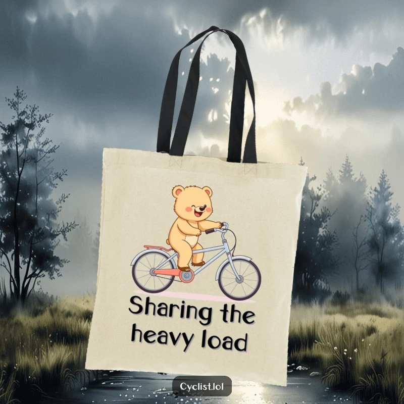 Funny tote bag showcasing a determined bear cub balancing on a miniature tandem bike, perfect for carrying essentials with humor.