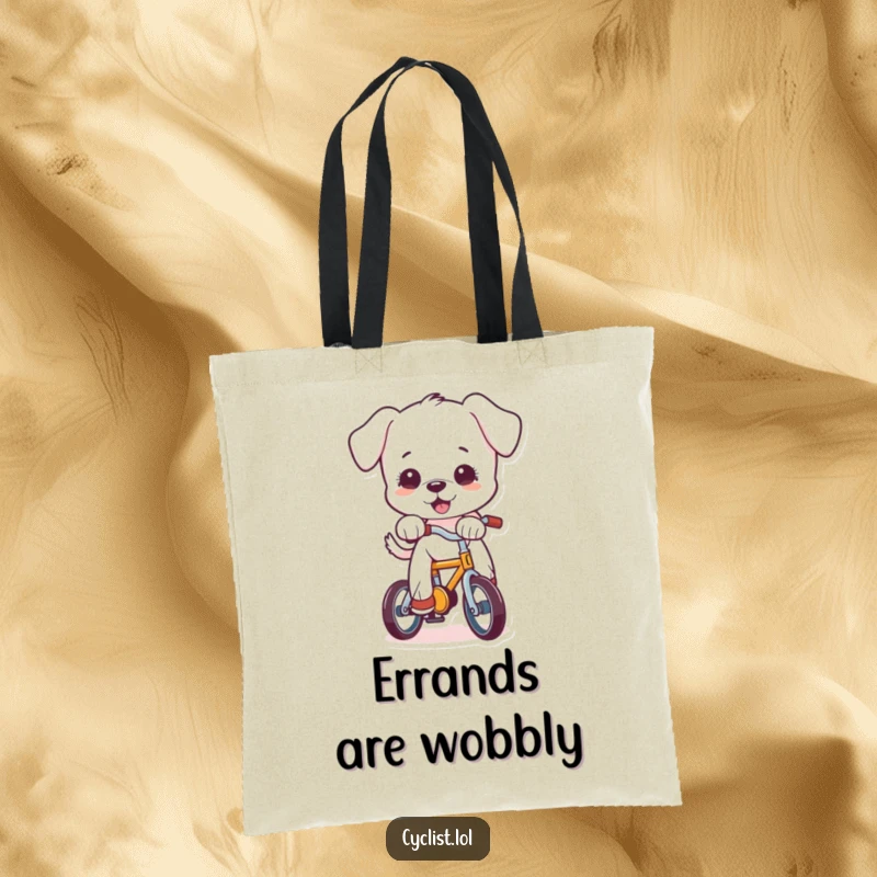 Funny puppy character attempting to ride a small bike, depicted on a sturdy tote bag, ideal for grocery runs and witty remarks.