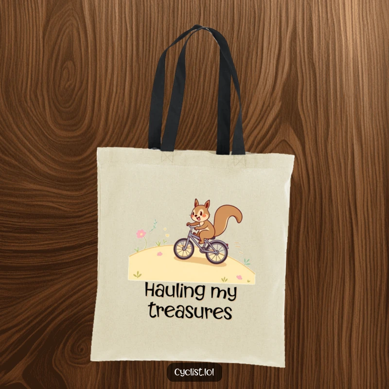 Funny squirrel bicycle tote bag showcasing a happy squirrel speeding down a hill on a tiny bike, perfect for carrying items with a humorous flair.