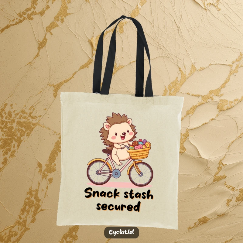 Funny hedgehog on a bicycle with a treat-filled basket, depicted on a sturdy tote bag, ideal for stylish and humorous carrying.